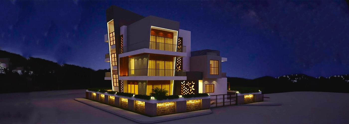 Modern luxury residence exterior at night with stylish lighting and contemporary architectural design in Sangli