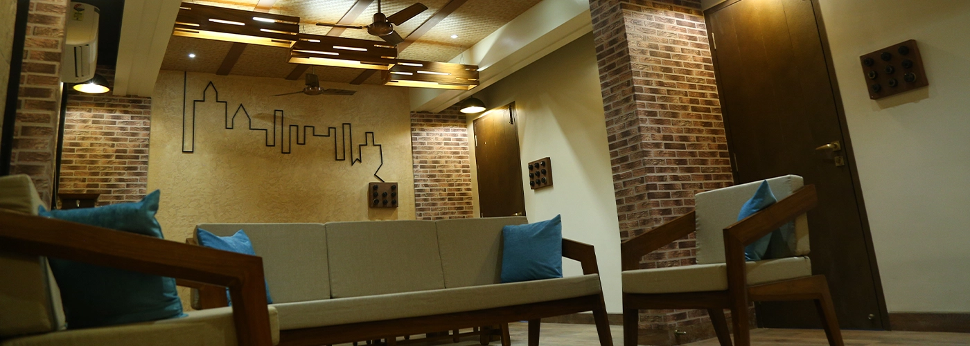 Cozy guest house interior with brick accent walls, wooden furniture, and modern decor