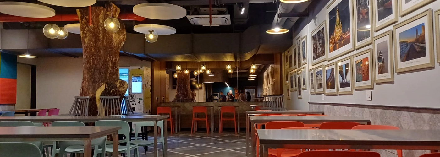 Modern Hilton cafeteria interior with sleek design, offering a stylish and functional dining space for guests